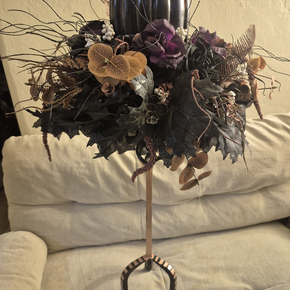 Elegant Black and Purple Pumpkin Floral Arrangement